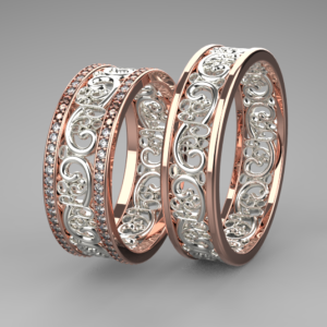 Růžovo-bílé zlaté snubní prsteny, dámský prsten je ozdoben zirkony / diamanty. Změna barvy zlata je možná.